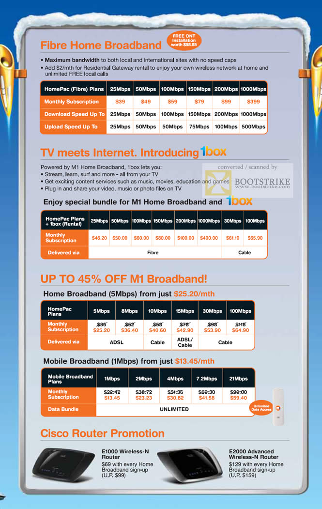 Sitex 2010 price list image brochure of M1 Fibre HomePac TV 1Box Home Broadband Mobile Cisco Router E1000 E2000 Wireless N