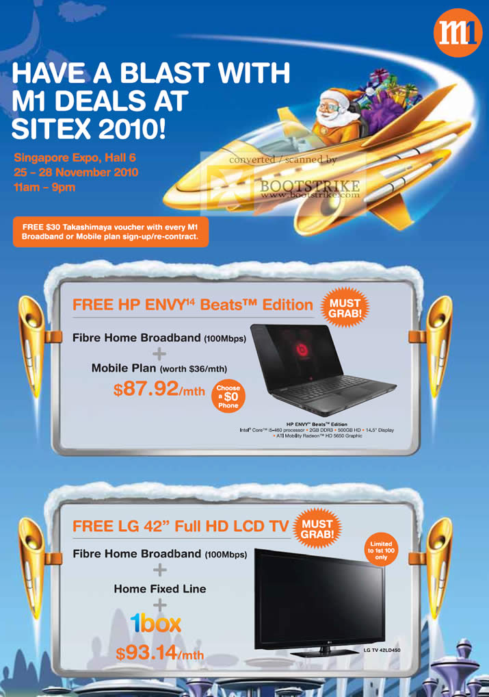 Sitex 2010 price list image brochure of M1 Free HP Envy Beats Edition Fibre Mobile Broadband LG LCD TV 42LD450 1Box
