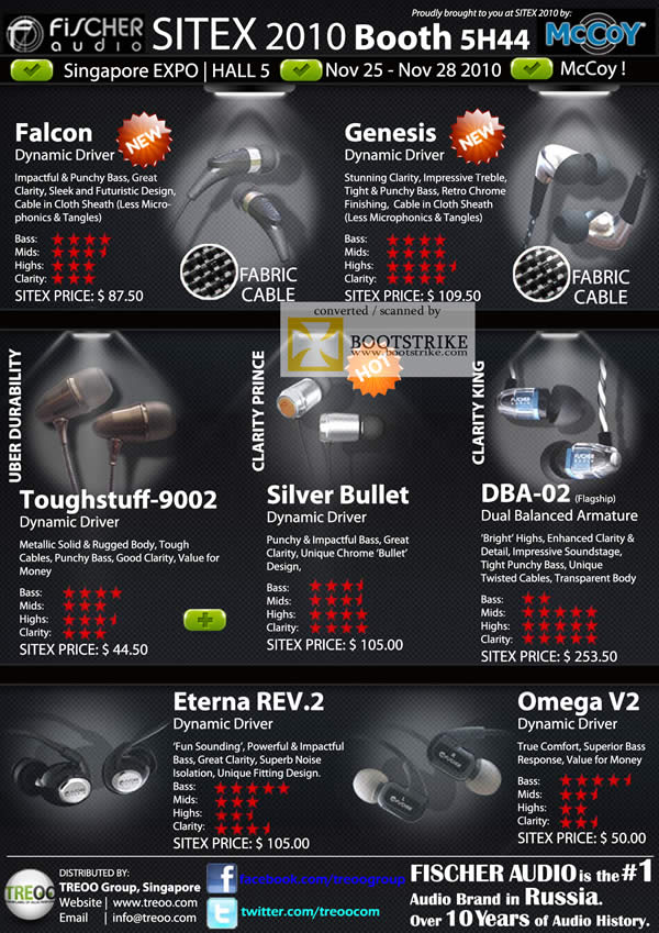Sitex 2010 price list image brochure of Mccoy Fischer Audio Falcon Genesis Toughstuff Silver Bullet DBA Eterna Omega