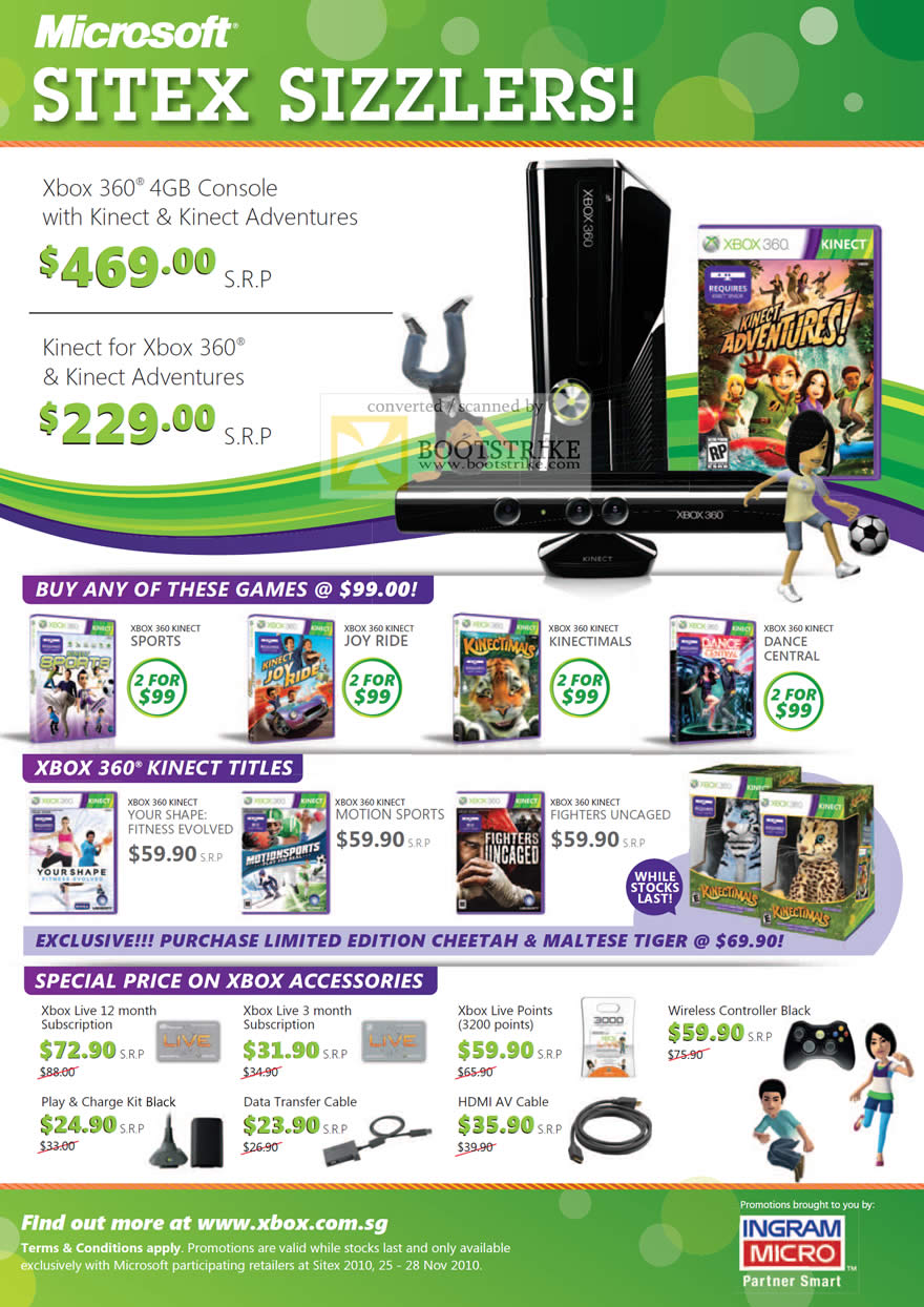 Sitex 2010 price list image brochure of Microsoft Xbox 360 Kinect Adventures Console Games Accessories Live Wireless Controller HDMI Cable