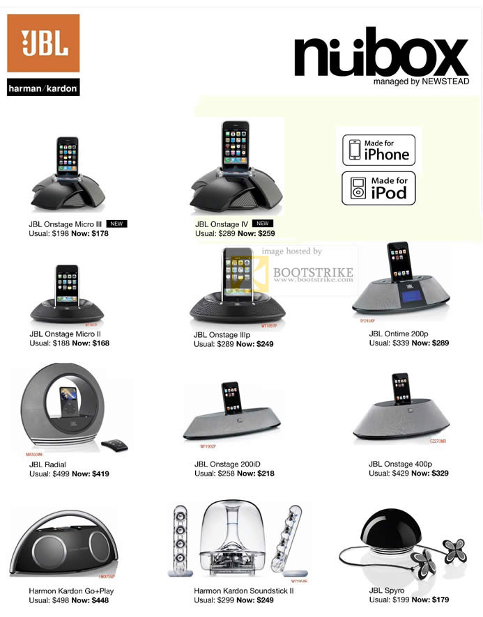 Sitex 2010 price list image brochure of Nubox JBL Harman Kardon Onstage Micro Radial IPhone IPod Dock Speakers Soundstick II Go Play Spyro