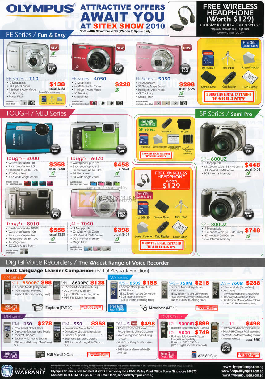 Sitex 2010 price list image brochure of Olympus Digital Cameras FE T 10 4050 5050 Tough Mju SP 600UZ Digital Voice Records VN DM WS DS LS