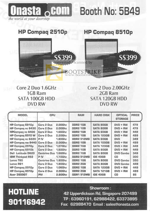 Sitex 2010 price list image brochure of Onasta HP Compaq 2510p 8510p Notebooks Compaq Dell D620 IBM Thinkpad R52 Lenovo Acer