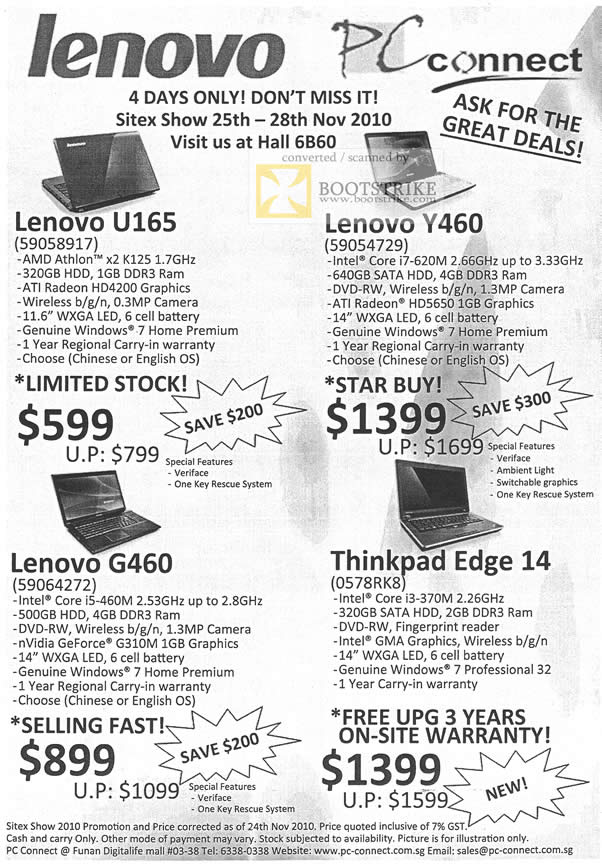 Sitex 2010 price list image brochure of PC Connect Lenovo Notebooks U165 Y460 G460 Thinkpad Edge 14