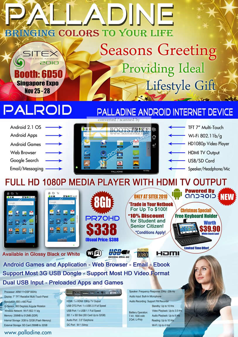 Sitex 2010 price list image brochure of Palladine Palroid Internet Device Media Player HDMI PR70HD Android