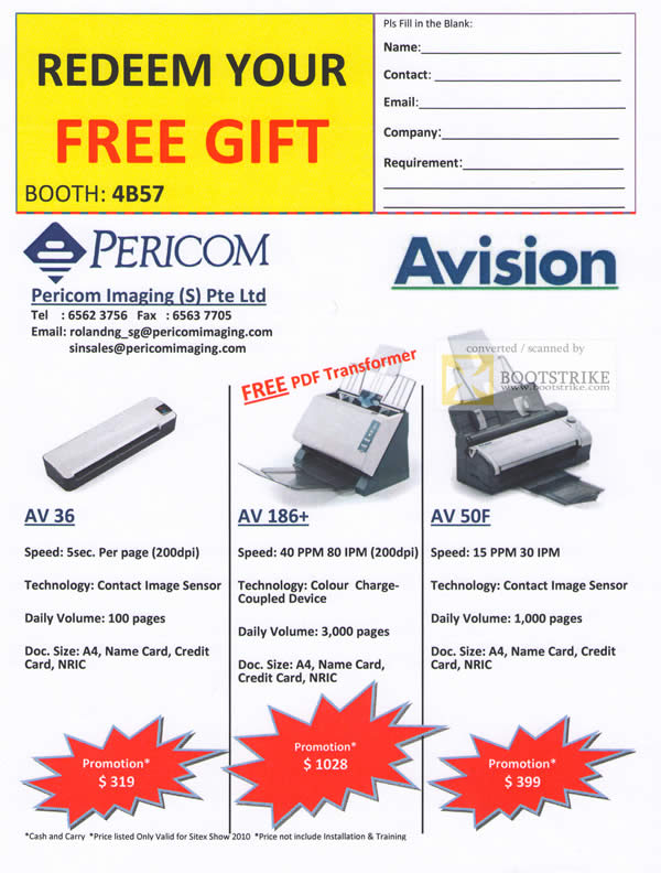Sitex 2010 price list image brochure of Pericom Avision Scanner AV 36 AV 186 Plus 50F