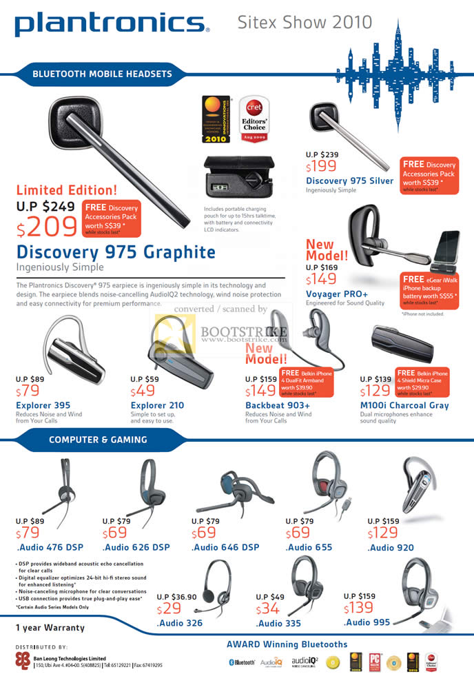 Sitex 2010 price list image brochure of Plantronics Ban Leong Bluetooth Mobile Headsets Discovery 975 Graphite Silver Explorer Backbeat Audio DSP