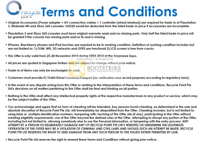 Sitex 2010 price list image brochure of Recycle Point Terms Conditions Trade In