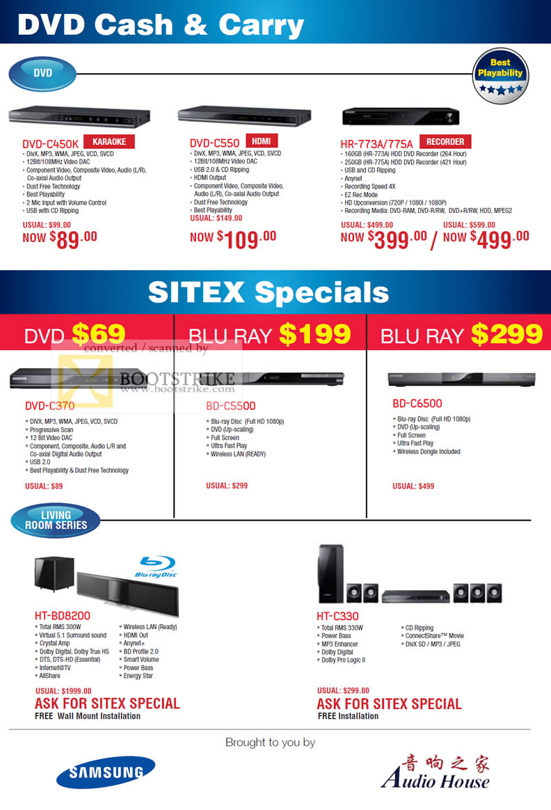 Sitex 2010 price list image brochure of Samsung Audio House DVD Players Blu Ray Micro C550 773A 775A HT HW Living Room 3