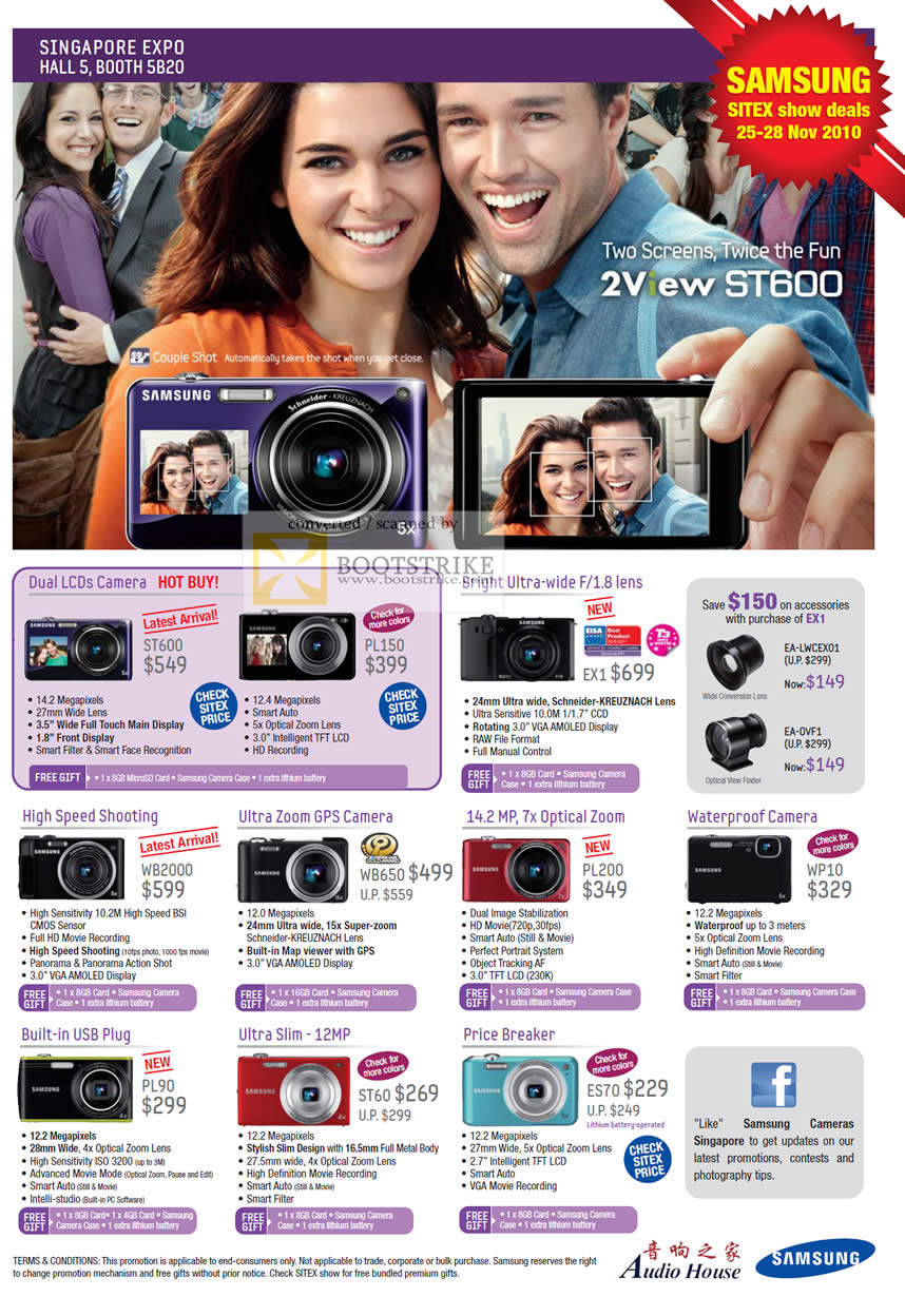 Sitex 2010 price list image brochure of Samsung Audio House Digital Cameras EX1 ST600 PL150 WB2000 WB650 PL200 WP10 PL90 ST60 ES70