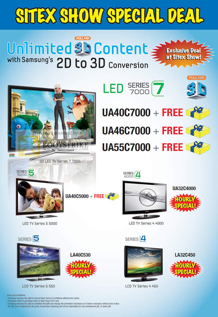 Sitex 2010 price list image brochure of Samsung Audio House Hourly Special LED Series 7000 7 5000 5 4000 4 Plus 3D 2