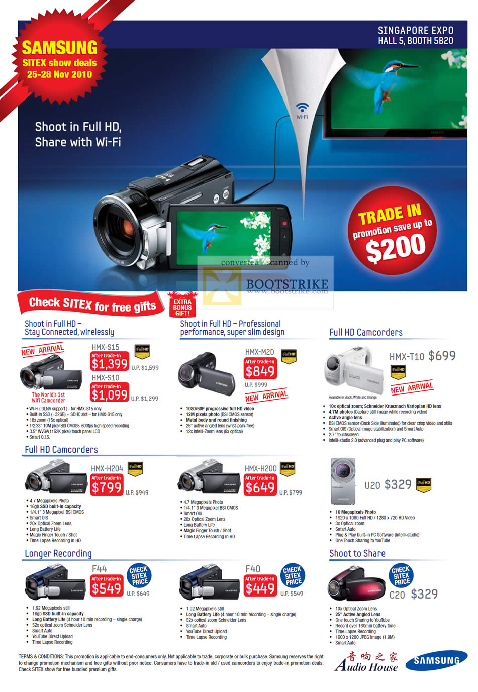 Sitex 2010 price list image brochure of Samsung Audio House Video Camcorders HMX S15 S10 M20 T10 H204 H200 U20 F44 F40 C20