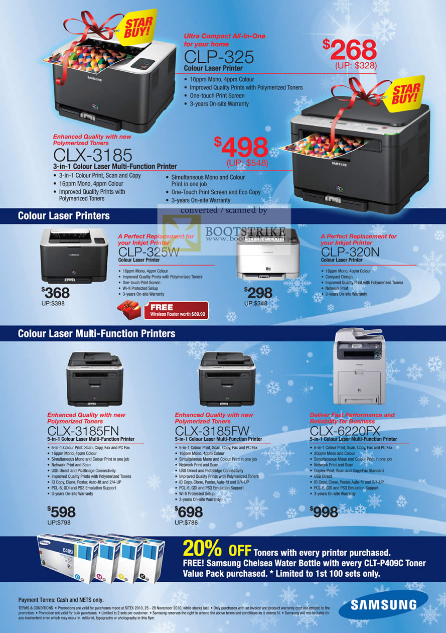 Sitex 2010 price list image brochure of Samsung Colour Laser Printers Multi Functions CLP 3185 325 CLX 325W 3185FN