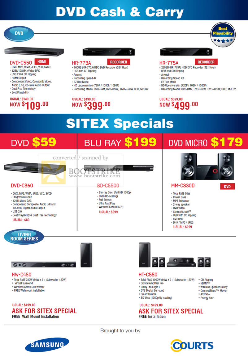 Sitex 2010 price list image brochure of Samsung Courts DVD Players Blu Ray Micro C550 773A 775A HT HW Living Room