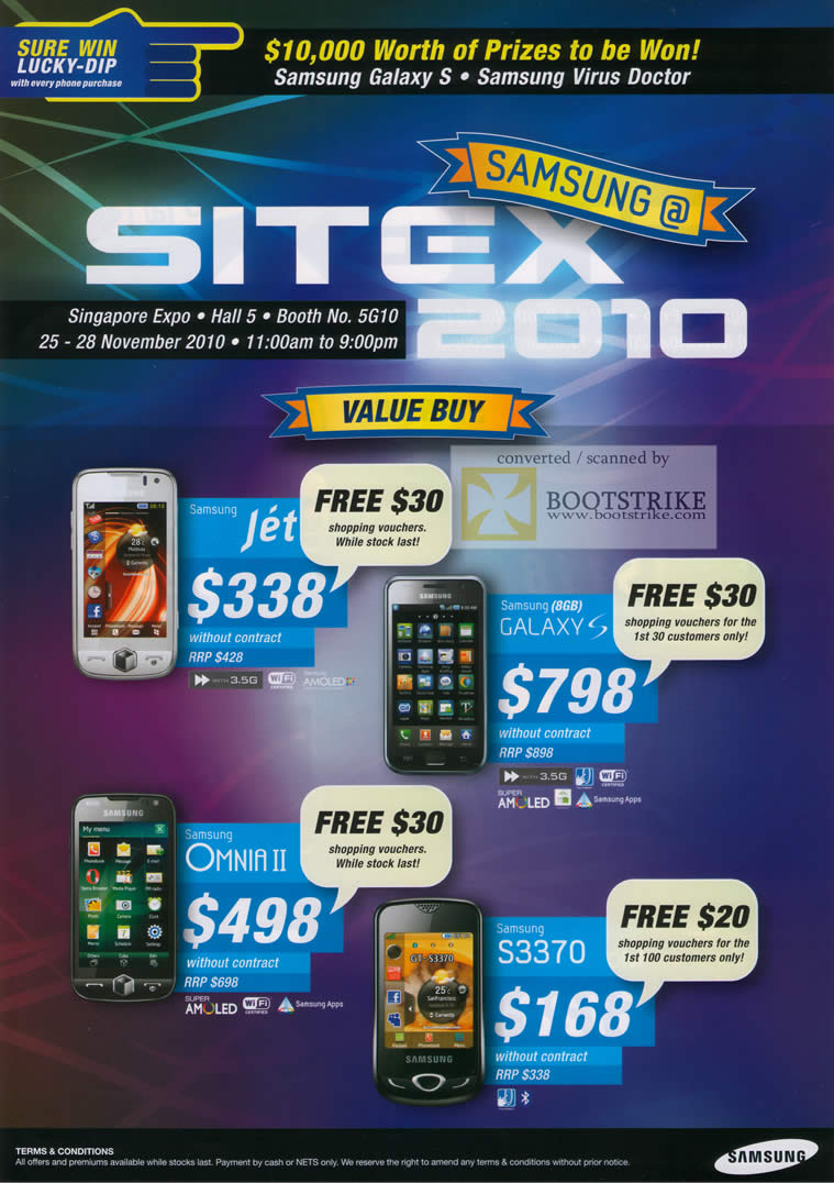 Sitex 2010 price list image brochure of Samsung Mobile Phones Jet Galaxy S Omnia II S3370