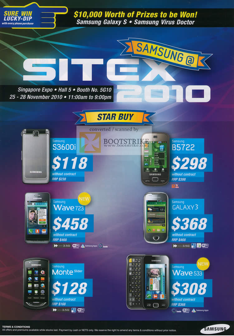 Sitex 2010 price list image brochure of Samsung Mobile Phones S3600i B5722 Wave 723 Galaxy 3 Monte Slider Wave 533