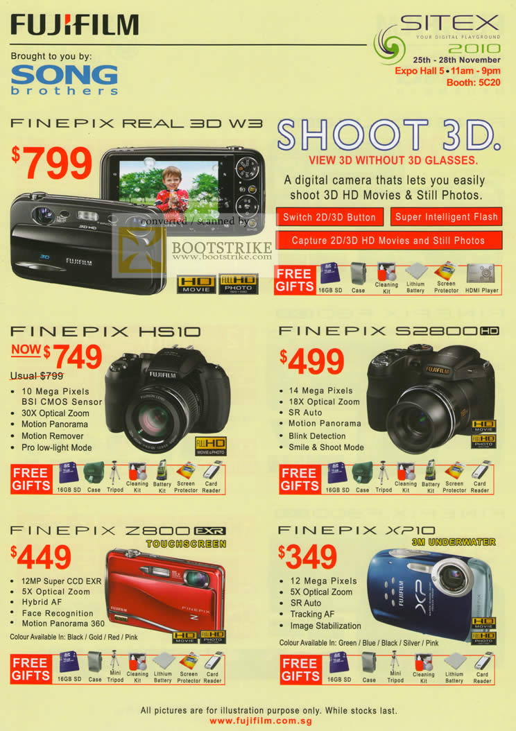 Sitex 2010 price list image brochure of Song Brothers Fujifilm Digital Cameras Finepix Real 3D W3 HS10 S2800 Z800 XP10