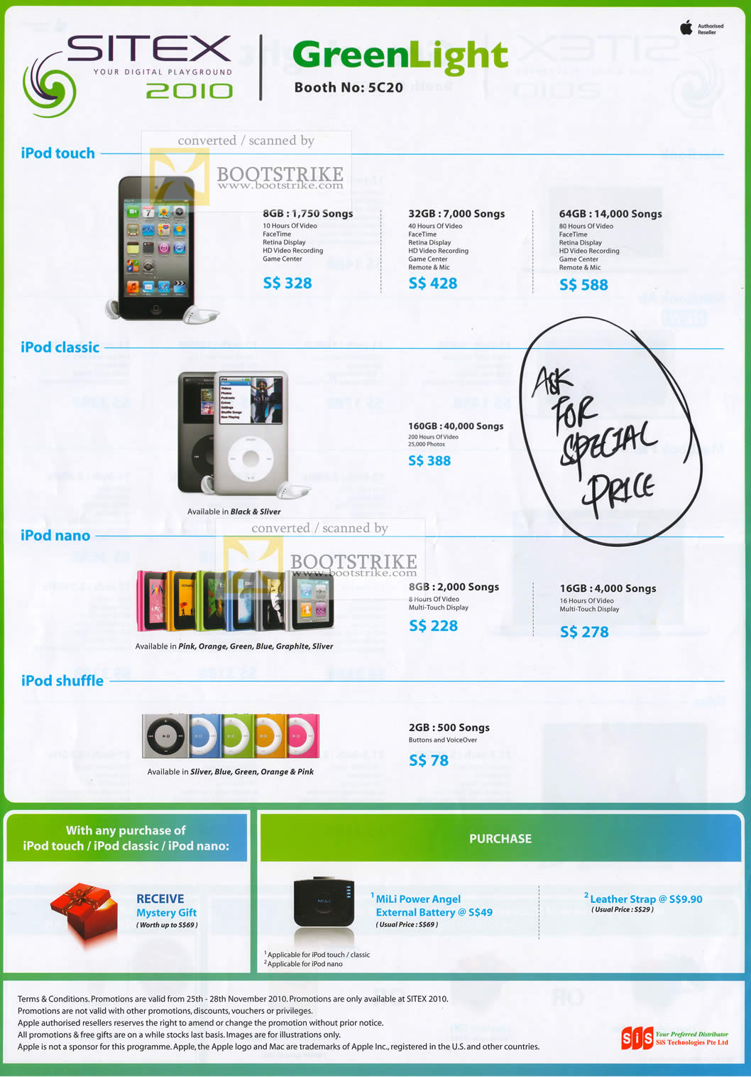 Sitex 2010 price list image brochure of Song Brothers Greenlight Apple IPod Touch Classic Nano Shuffle Mili Power Angel Battery