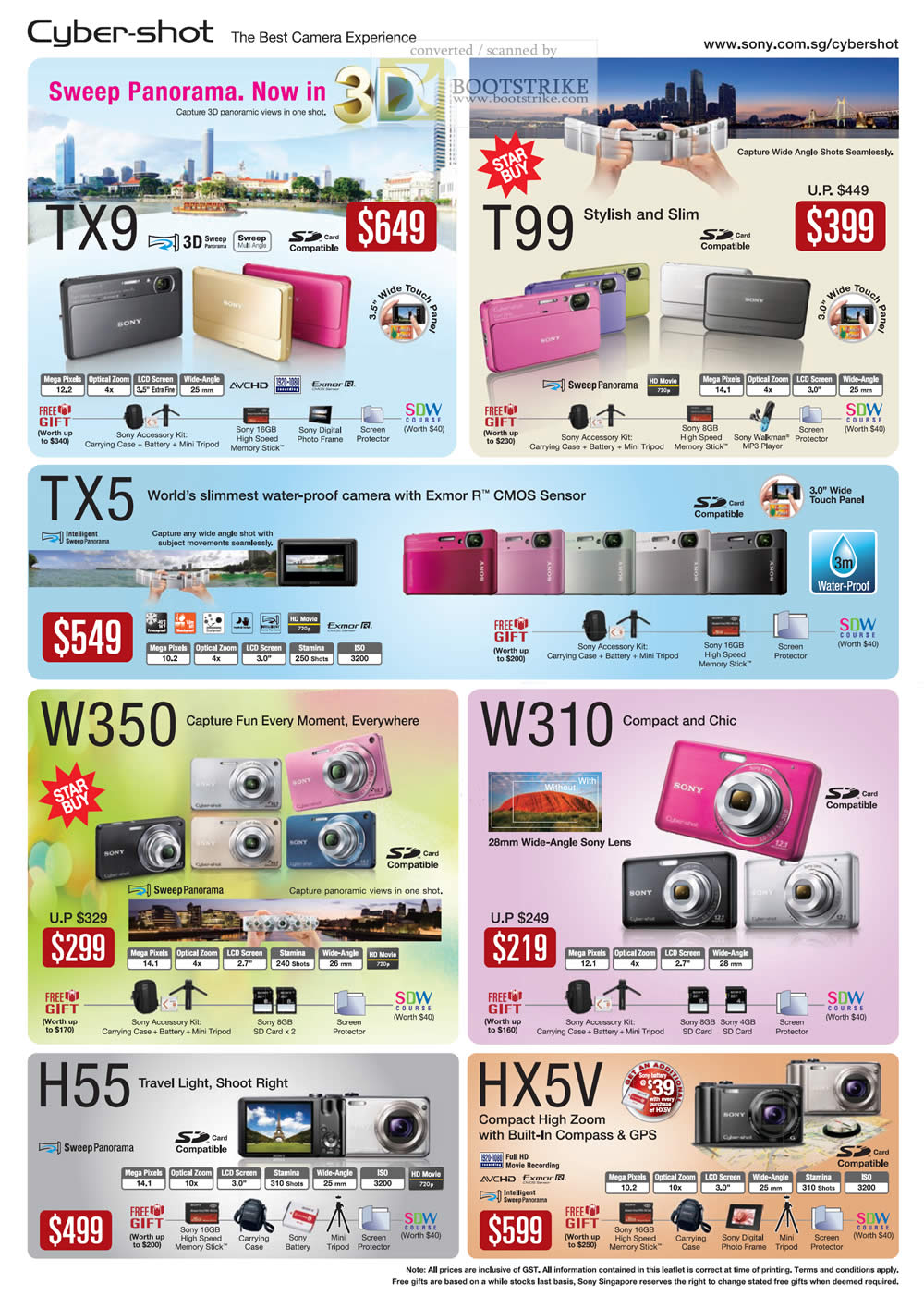 Sitex 2010 price list image brochure of Sony Digital Cameras Cybershot TX9 T99 TX5 W350 W310 H55 HX5V