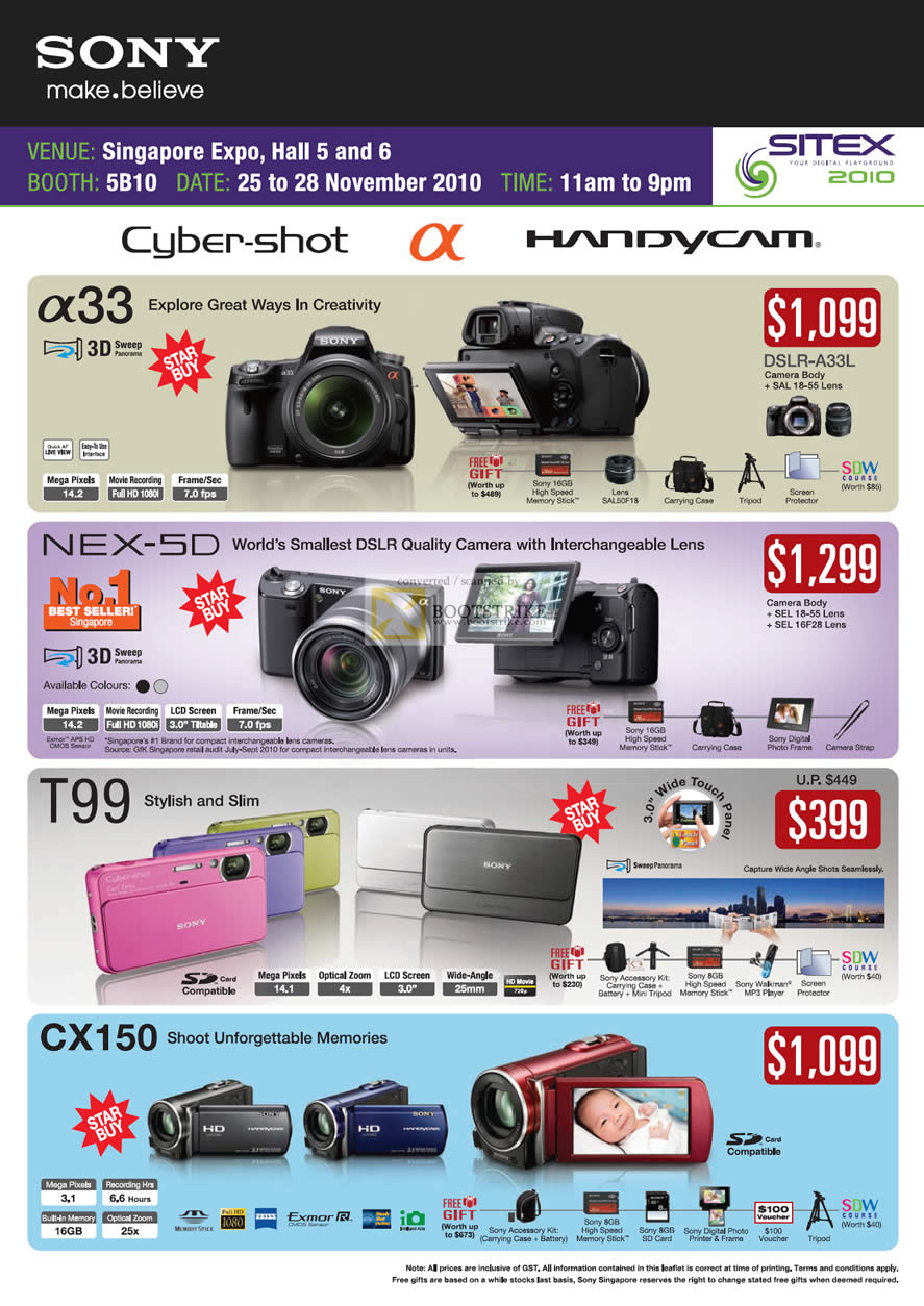 Sitex 2010 price list image brochure of Sony Digital Cameras DSLR Alpha Handycam A33L A33 NEX 5D T99 CX150