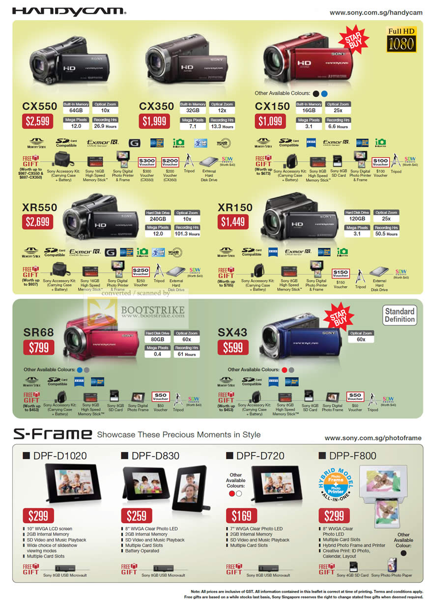 Sitex 2010 price list image brochure of Sony Video Camcorder Handycam CX550 CX350 CX150 XR550 XR150 SR68 SX43 S Frame Digital Photo Frames DPF