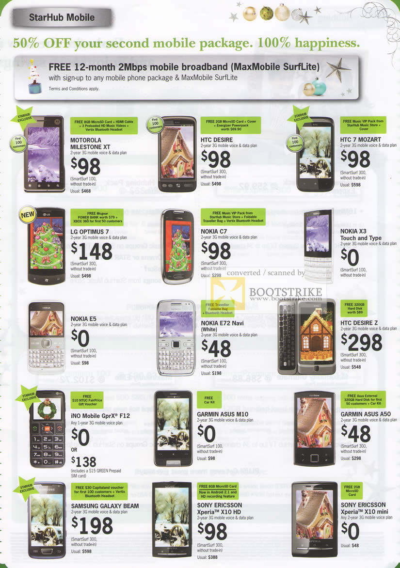 Sitex 2010 price list image brochure of Starhub Mobile Phones Motorola HTC Desire Mozart Nokia C7 X3 E5 E72 INo Mobile GprX F12 Samsung Galaxy Beam