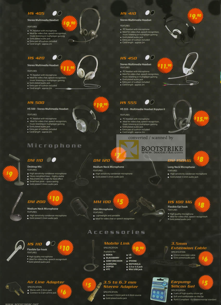 Sitex 2010 price list image brochure of The Headphones Gallery Sonicgear Headsets HS 405 410 420 450 Microphone DM 110 120 Accessories Mobile Link