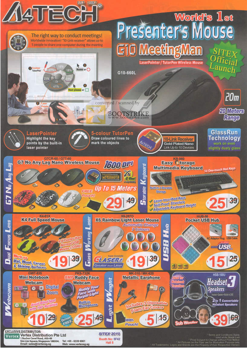 Sitex 2010 price list image brochure of Vertex A4Tech G10 MeetingMan Presenter TutorPen G7 Keyboard K4 X6 USB Hub Webcam Earphone Headset
