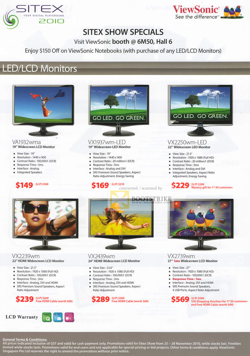 Sitex 2010 price list image brochure of Viewsonic LCD LED Monitors VA1932wma VC1937wm VX2250wm VX2239wm VX2439wm VX2739wm