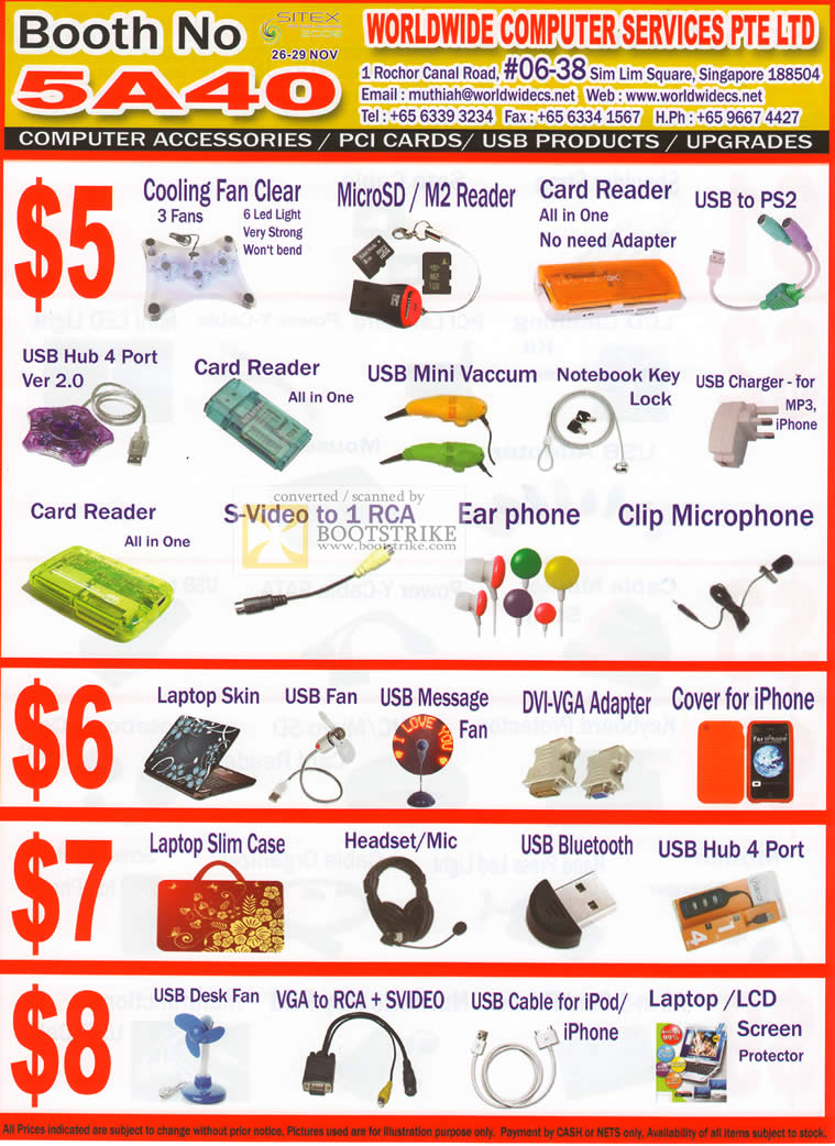Sitex 2010 price list image brochure of Worldwide Computer Cooling Fan Card Reader Laptop Skin Case Headset Bluetooth USB Fan