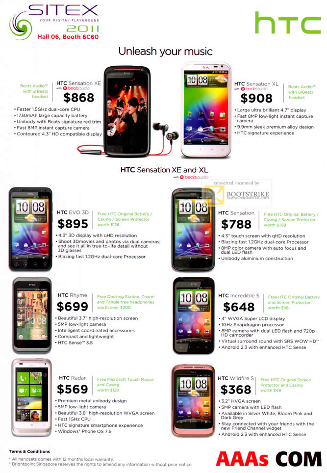 SITEX 2011 price list image brochure of AAAs Com HTC Smartphones Sensation XE, Sensation XL, Evo 3D, Sensation, Rhyme, Incredible S, Radar, Wildfire S