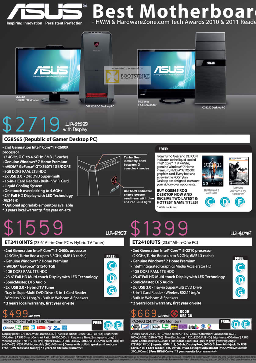 SITEX 2011 price list image brochure of ASUS Desktop PC CG8565, ET2410INTS, ET2410IUTS, Monitor VK278Q, PA246Q