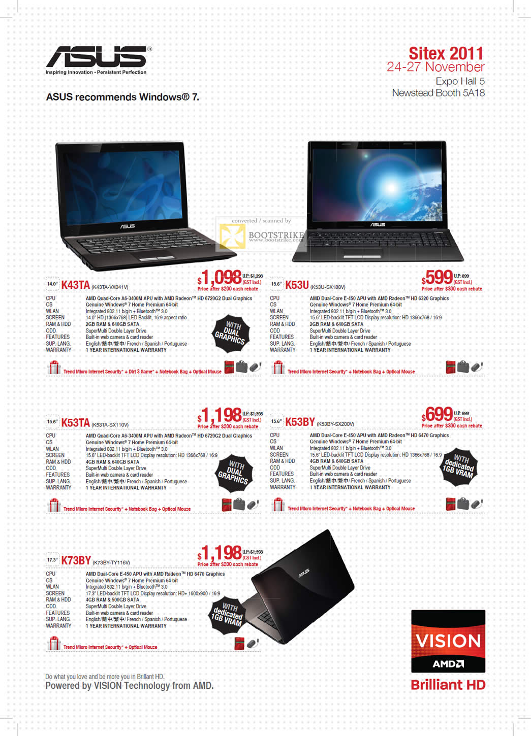 SITEX 2011 price list image brochure of ASUS Notebooks AMD Vision K43TA-VX041V, K53U,SX188V, K53TA-SX110V, K53BY-SX200V, K73BY-TY116V
