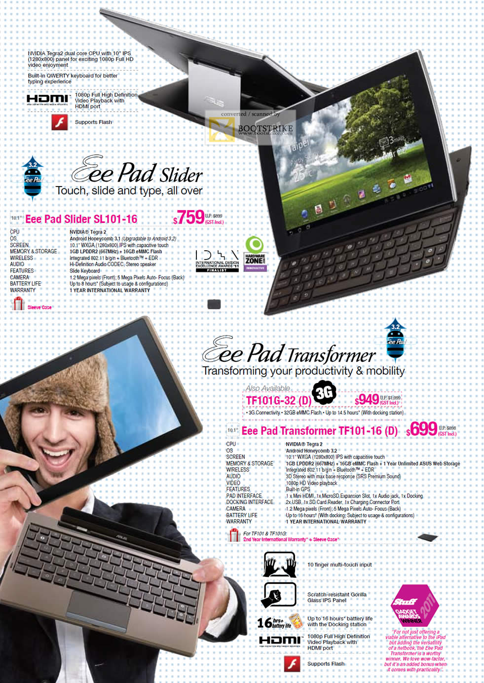 SITEX 2011 price list image brochure of ASUS Notebooks Tablets Eee Pad Slider SL101-16, Eee Pad Transformer TF101G-32 D, TF101G-16 D