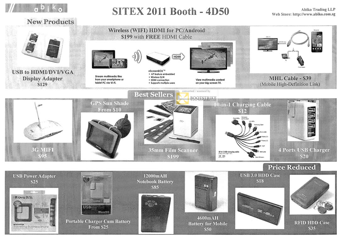 SITEX 2011 price list image brochure of Abiko USB DVI VGA ADapter, Wireless HDMI, MHL Cable, 3G Mifi, Film Scanner, USB Charger, Power Adapter, Portable Charger, USB3 External Enclosure RFID