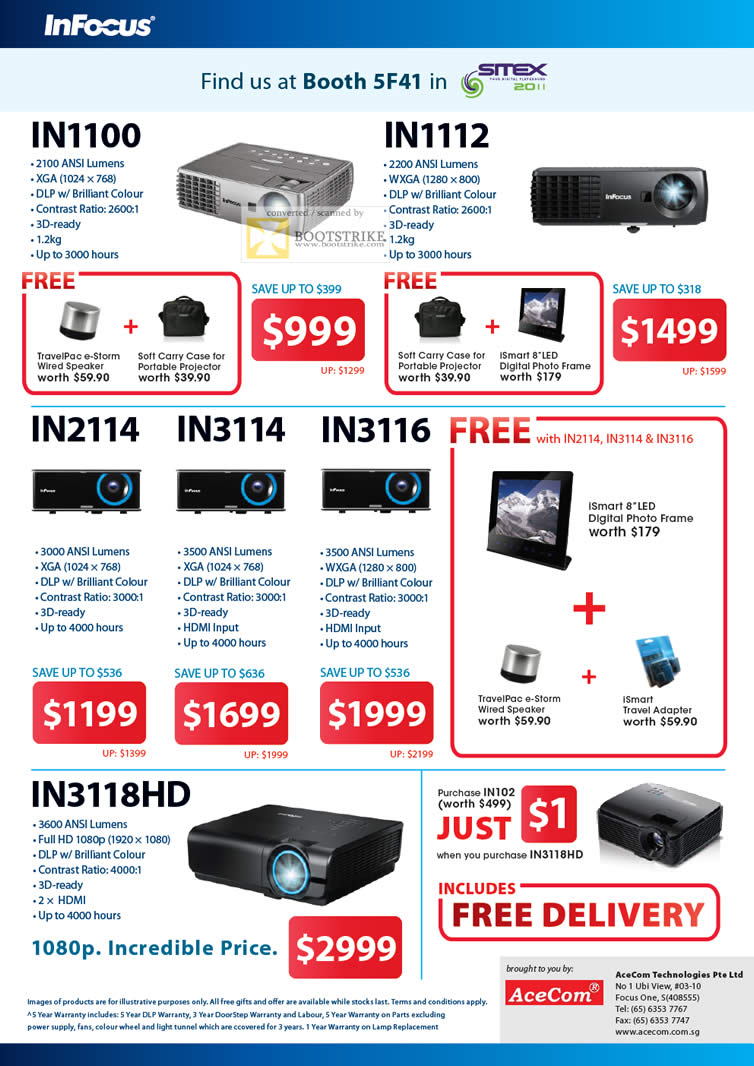 SITEX 2011 price list image brochure of AceCom Infocus Projectors IN1100, IN1112, IN2114, IN3114, IN3116, IN3118HD