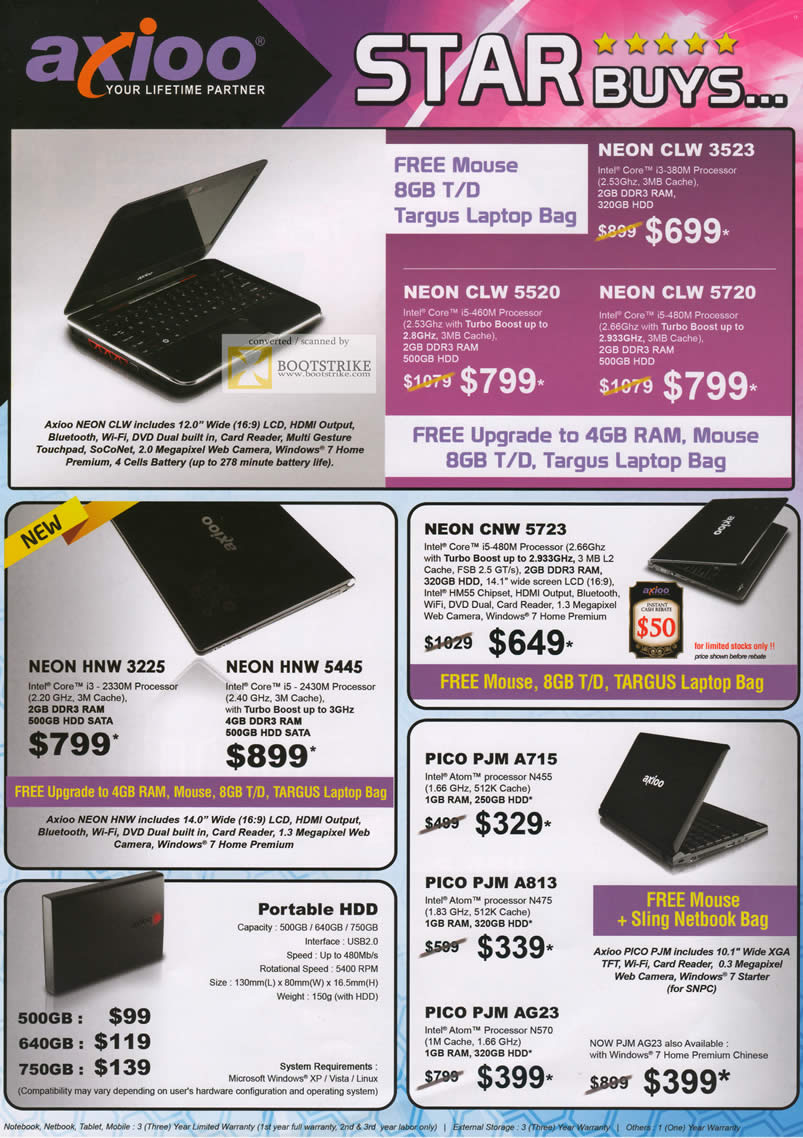 SITEX 2011 price list image brochure of Axioo Notebooks Neon CLW 3523, 5520, 5720, HNW 3225, HNW 5445, CNW 5723, PJM A715, PJM A813, PJM AG23, External Storage