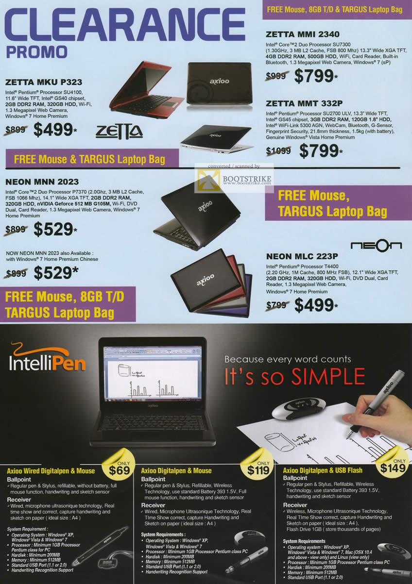 SITEX 2011 price list image brochure of Axioo Notebooks Zetta Mku P323, MMI 2340, MMT 332P, Neon MNN 2023, MLC 223P, IntelliPen Digital Pen, Mouse