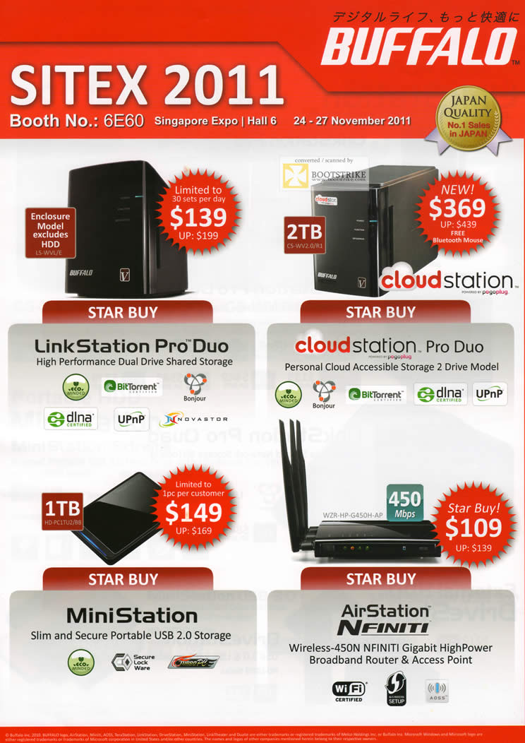 SITEX 2011 price list image brochure of Buffalo NAS Linkstation Pro Duo, Cloudstation Pro Duo, MiniStation, AirStation Nfiniti, External Storage