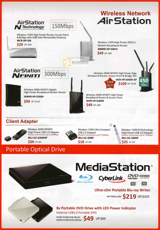 SITEX 2011 price list image brochure of Buffalo NAS Wireless Network Airstaton, Nfiniti, USB Adapter, MediaStation, DVD Portable Drive, External Storage