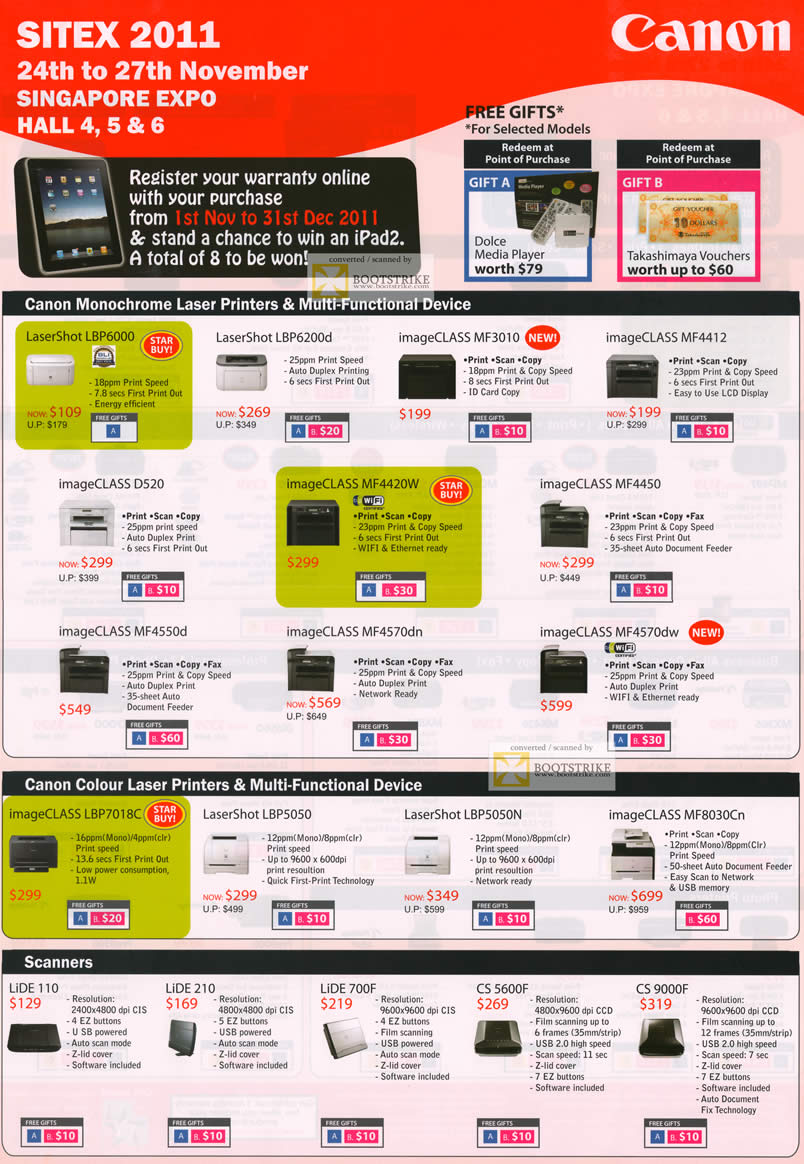 SITEX 2011 price list image brochure of Canon Laser Printers LaserShot LBP6000, LBP6200d, LBP5050, LBP5050N, MF8030Cn, ImageCLASS MF3010, MF4412, D520, MF4420W, MF4450, MF4550d, Scanners, Lide