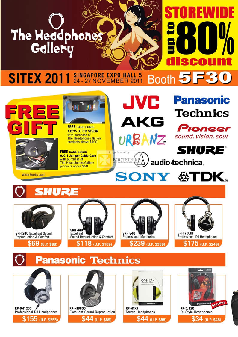 SITEX 2011 price list image brochure of Case Logic Headphones Gallery Shure SRH 240, 440, 840, 750DJ, Panasonic Technics RP-DH1200, HTF600, HTX7, DJ120