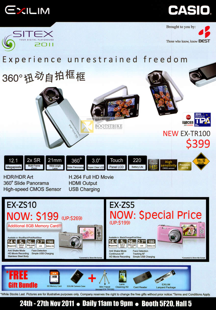 SITEX 2011 price list image brochure of Casio Digital Cameras EX-TR100, EX-ZS10, EX-ZS5