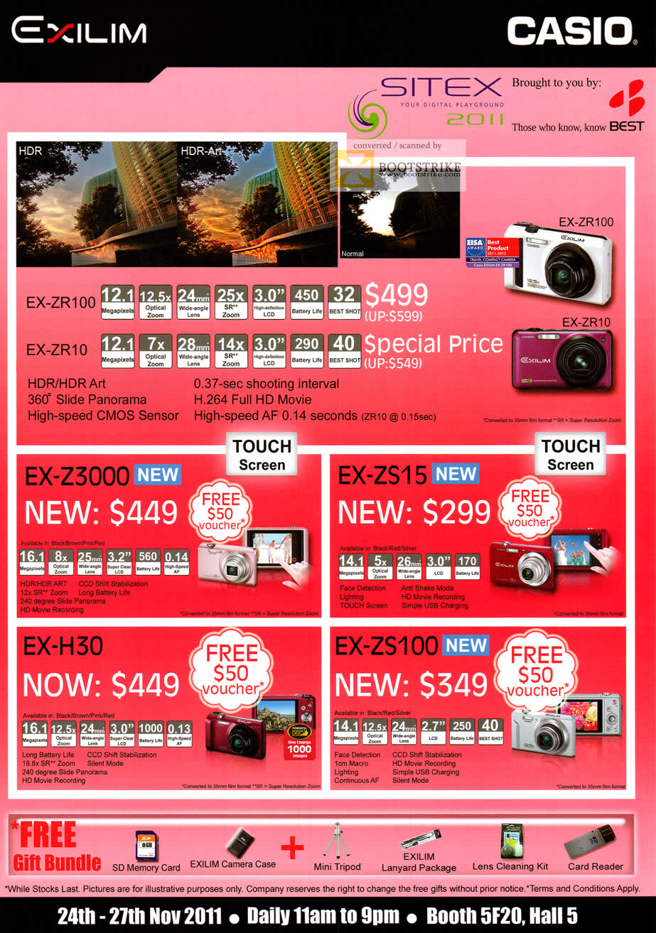 SITEX 2011 price list image brochure of Casio Digital Cameras EX-ZR100, EX-ZR10, EX-Z3000, EX-ZS15, EX-H30, EX-ZS100