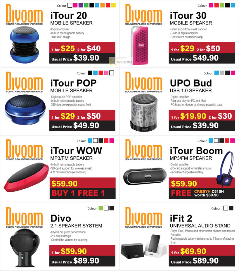 SITEX 2011 price list image brochure of Cresyn Divoom ITour 20 Mobile Speaker, ITour 30, ITour POP, UPO Bud USB, ITour WOW, ITour Boom, Divo, IFit 2 Universal Audio Stand