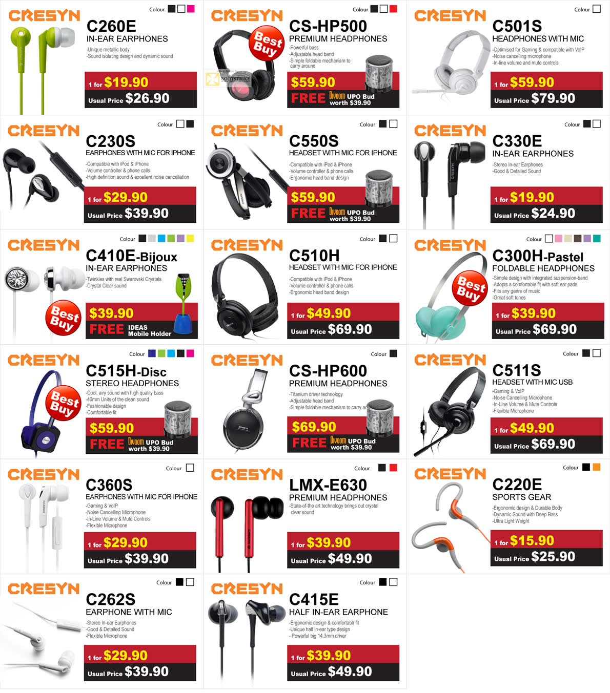 SITEX 2011 price list image brochure of Cresyn Earphones Mic, Headphones C260E, CS-HP-500, C501S, C230S, C550S, C330E, C410E, C510H, C300H, C515, CS-HP600, C511S, C360S, LMX-E630, C220, C262S, C415E