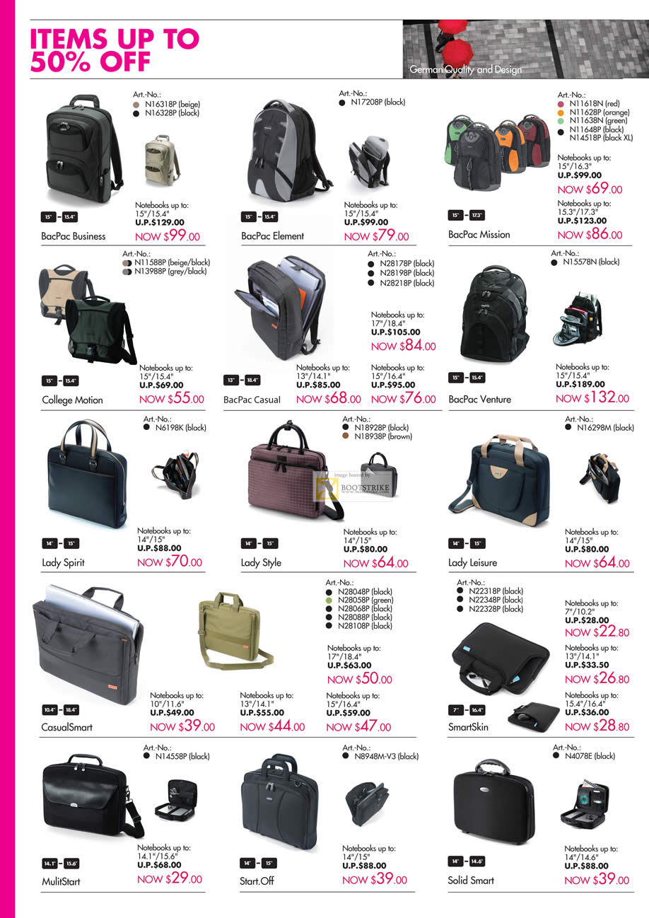 SITEX 2011 price list image brochure of Dicota Bags BacPac Business, Element, Mission, Venture, Casual, College Motion, Lady Spirit, Style, Leisure, CasualSmart, SmartSkin, Solid Smart, MultiStart