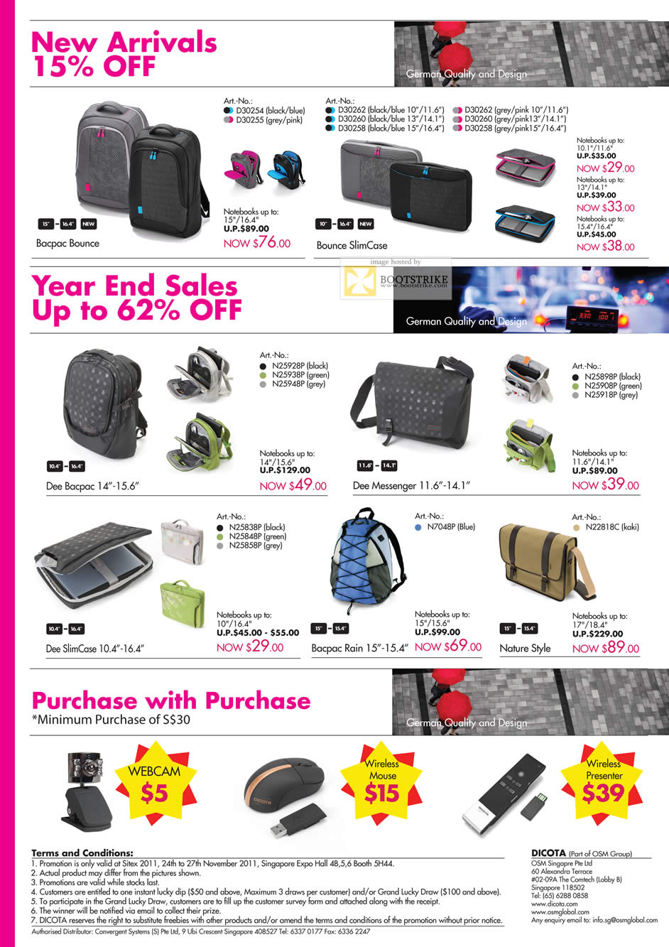SITEX 2011 price list image brochure of Dicota Bags Bacpac Bounce, SlimCase, Dee Messenger, Dee Bacpac, SlimCase Bacpac Rain, Nature Style