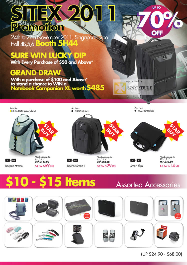 SITEX 2011 price list image brochure of Dicota Bags Bacpac Xtreme, Smart II, Smart Skin, Assorted Accessories, Lucky Dip, Grand Draw