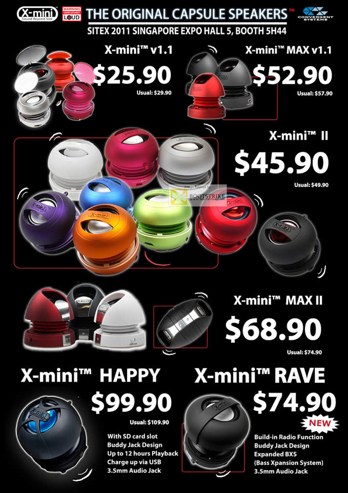 SITEX 2011 price list image brochure of Dicota X-Mini Capsule Portable Speakers, X-Mini V1.1, Max V1.1, II, MAX II, Happy, Rave